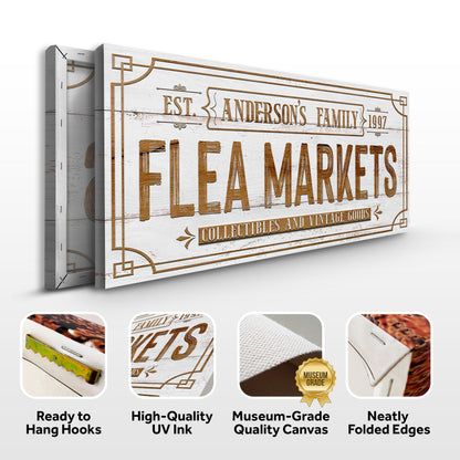 Family Flea Market Sign II canvas by Tailored Canvases in vintage whitewashed wood with lettering on Tampa Home & Garden Store