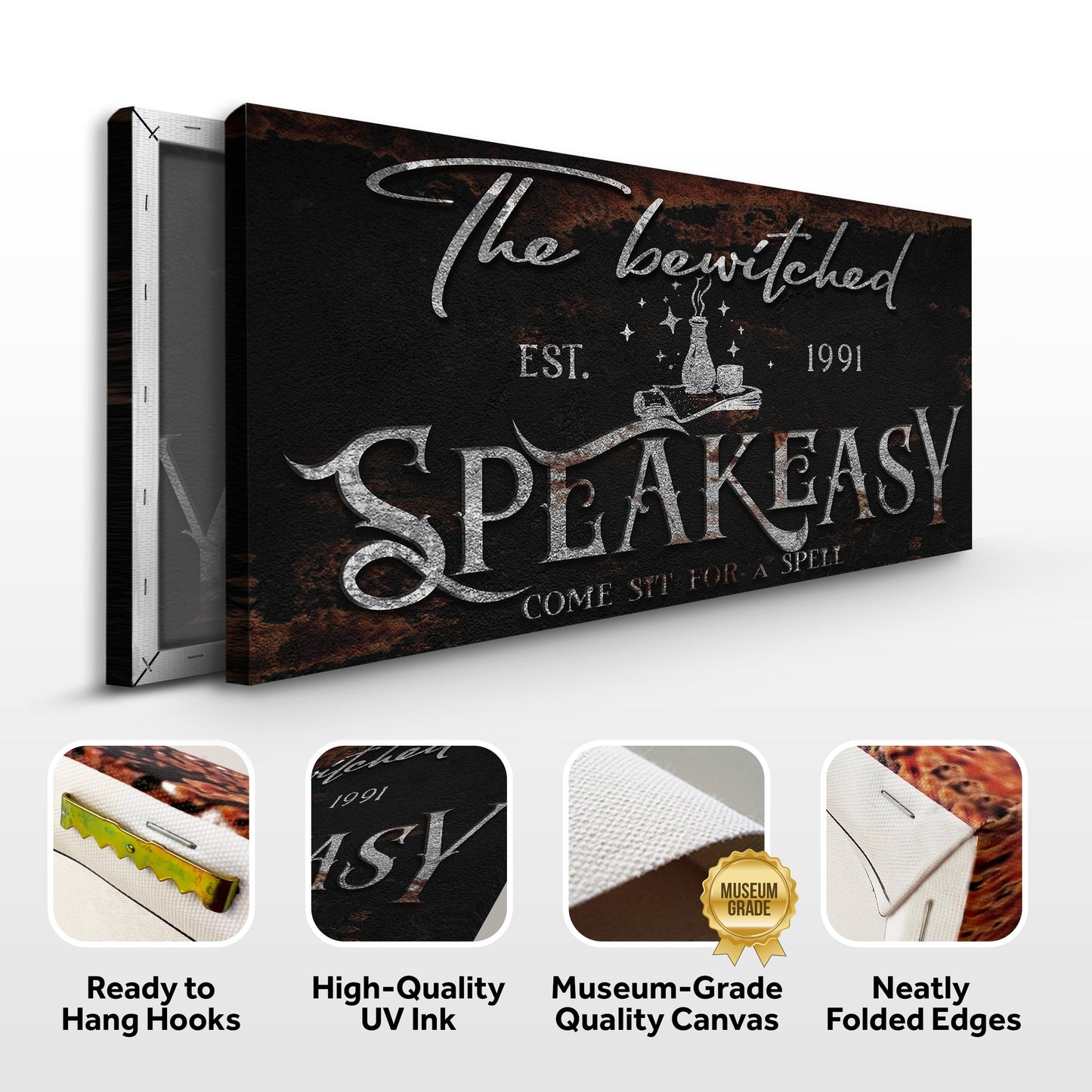 The Bewitched Speakeasy Halloween Sign III canvas with rust texture and distressed lettering on Tampa Home & Garden Store