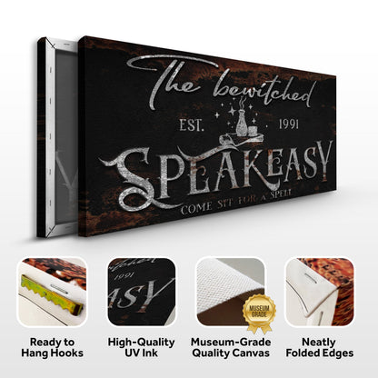 The Bewitched Speakeasy Halloween Sign III canvas with rust texture and distressed lettering on Tampa Home & Garden Store