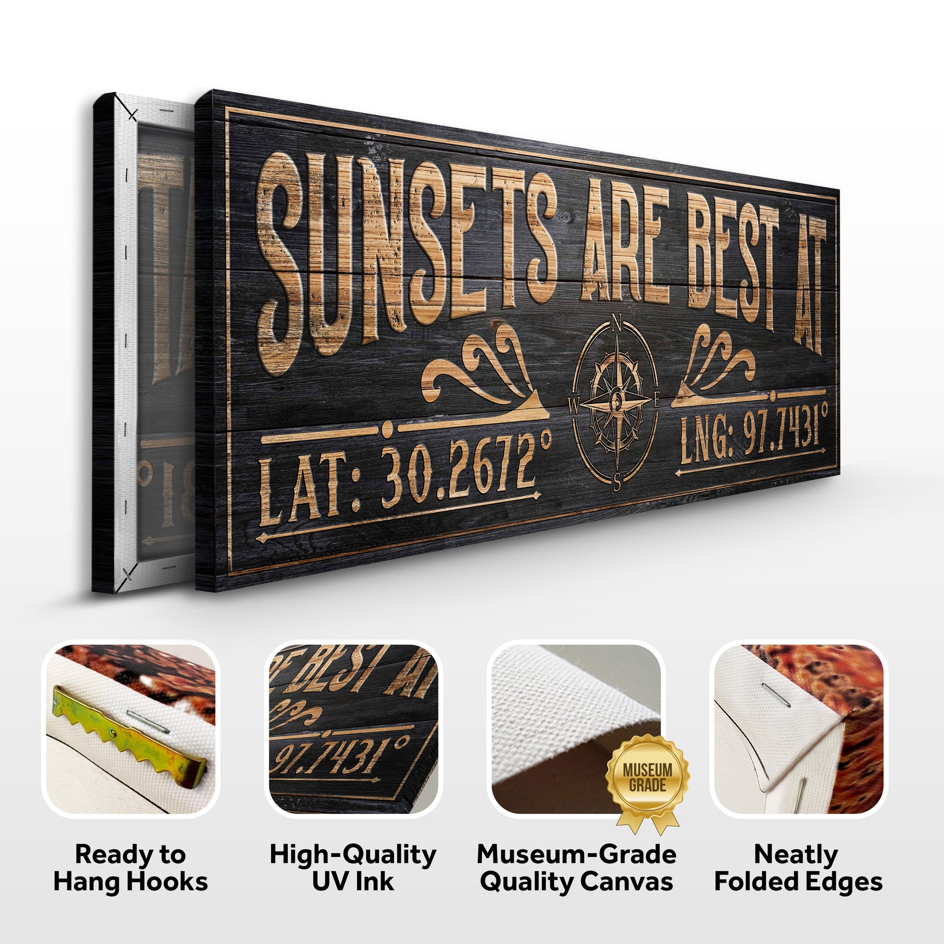 Canvas Sunsets Are Best At Coordinates Sign; Tailored Canvases, black wood grain tan lettering on Tampa Home & Garden Store