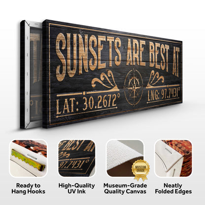 Canvas Sunsets Are Best At Coordinates Sign; Tailored Canvases, black wood grain tan lettering on Tampa Home & Garden Store