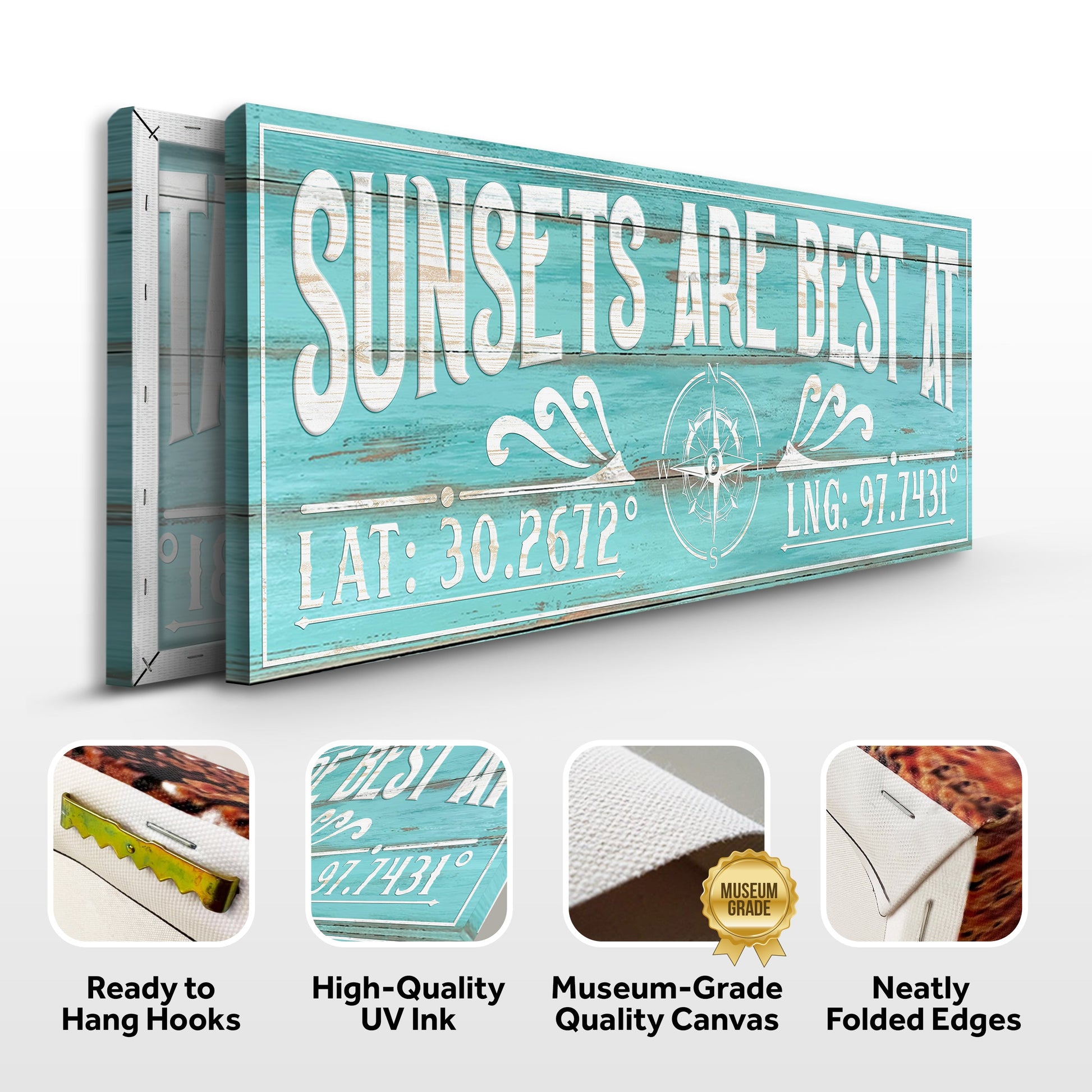 Sunsets Are Best At Coordinates Sign III canvas turquoise wood background compass motif on Tampa Home & Garden Store