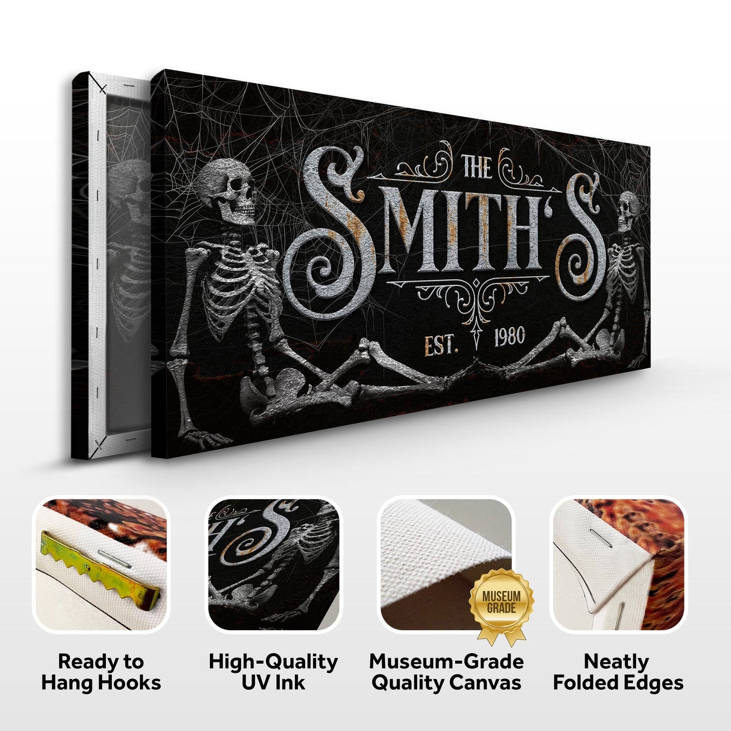 Gothic Family Sign VI canvas with ornate silver lettering on a black cobweb background on Tampa Home & Garden Store