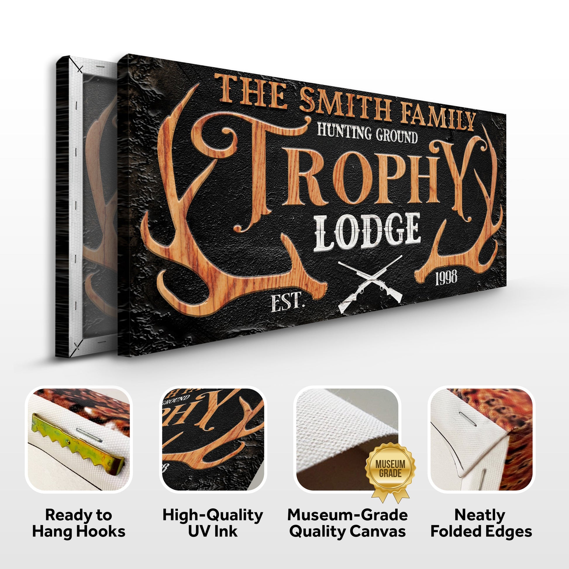 Canvas sign Family Hunting Trophy Lodge by Tailored Canvases with wood-textured orange lettering on Tampa Home & Garden Store