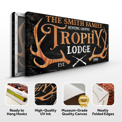 Canvas sign Family Hunting Trophy Lodge by Tailored Canvases with wood-textured orange lettering on Tampa Home & Garden Store