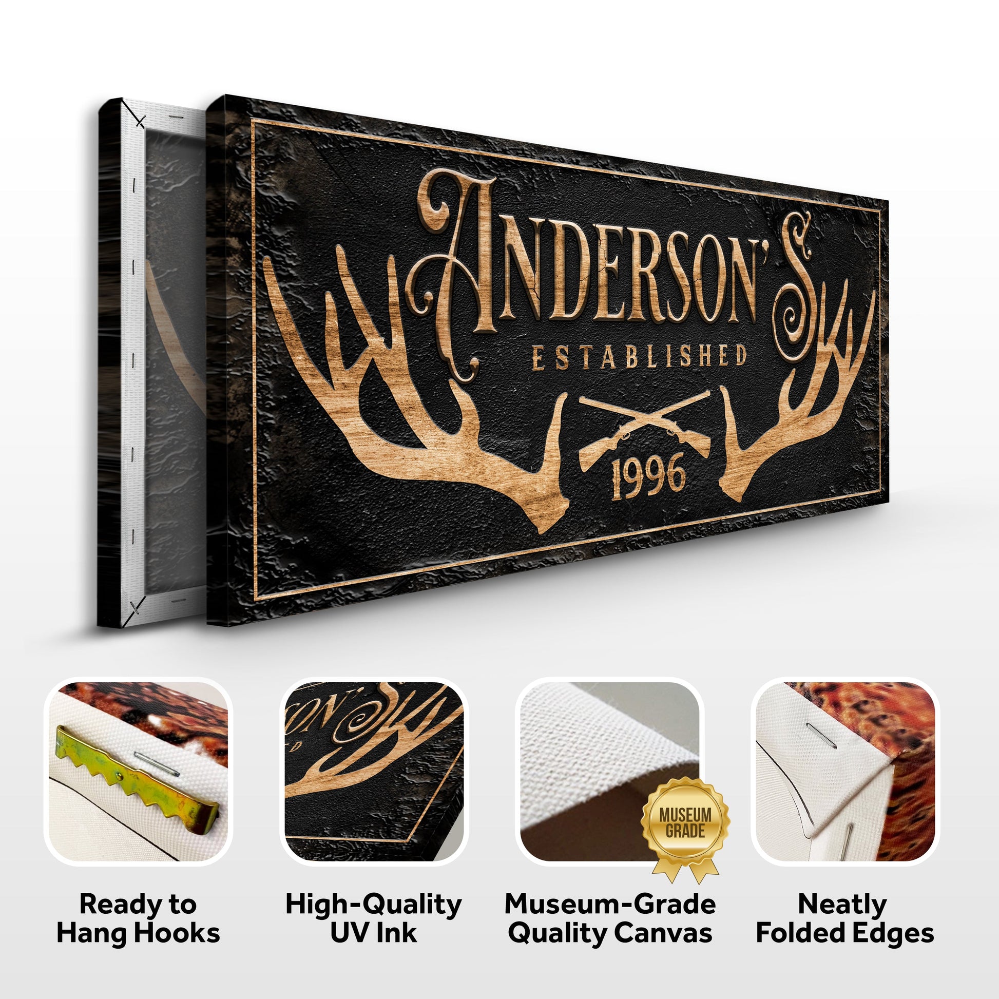 Personalized Family Antler Sign II canvas Tailored Canvases with black texture and gold antlers on Tampa Home & Garden Store