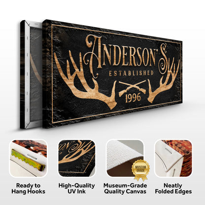 Personalized Family Antler Sign II canvas Tailored Canvases with black texture and gold antlers on Tampa Home & Garden Store
