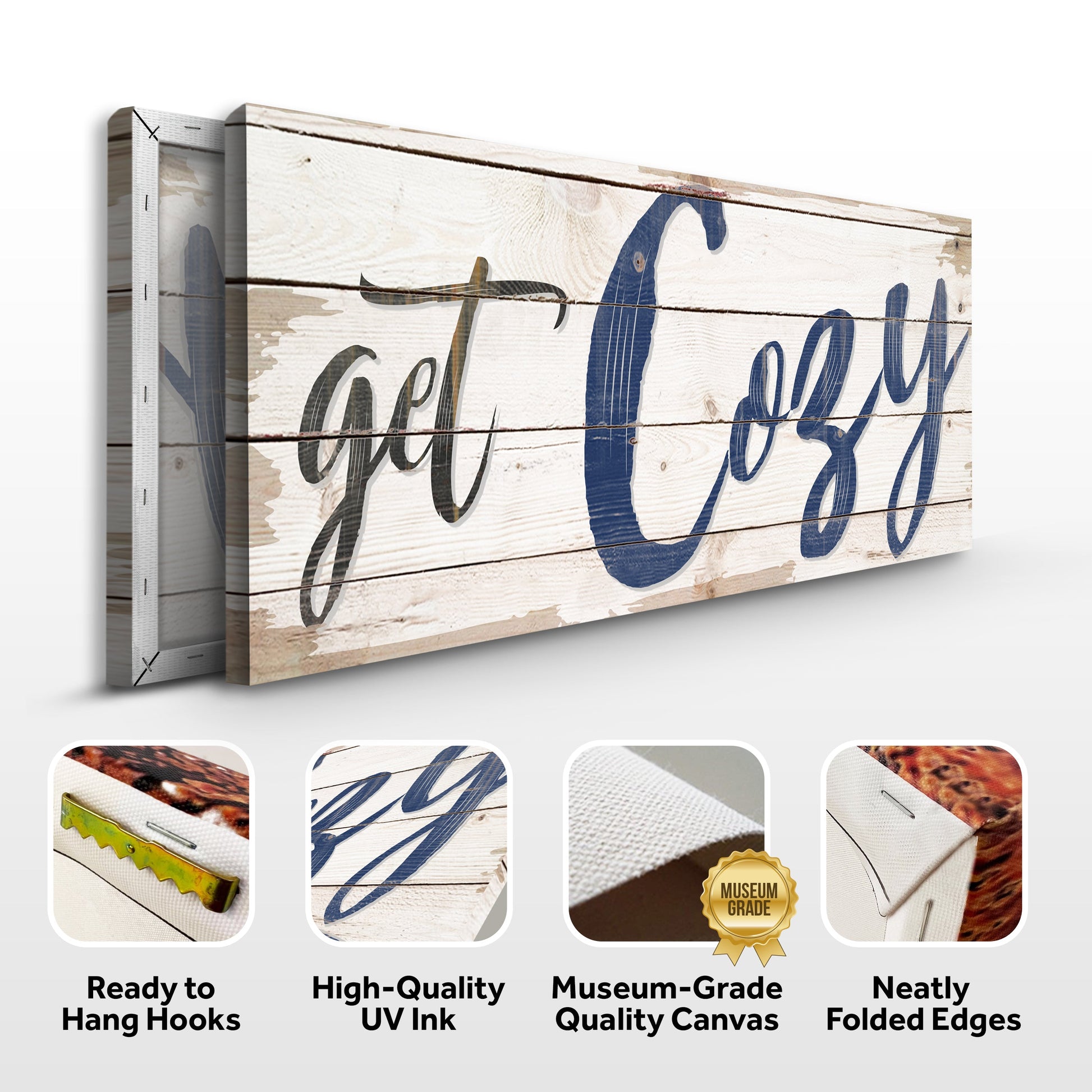 Get Cozy Sign II canvas with blue script on whitewashed wood planks by Tailored Canvases on Tampa Home & Garden Store