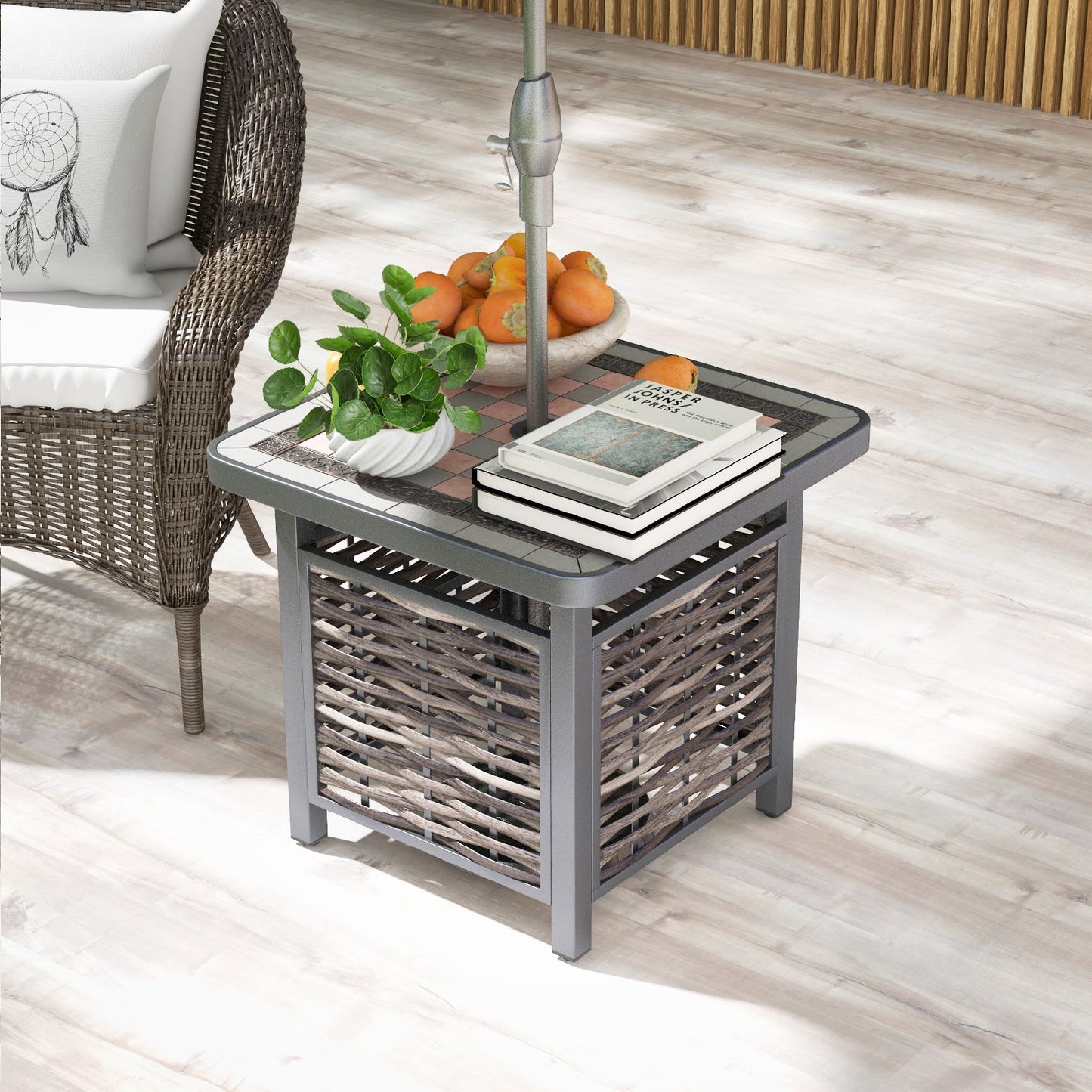 21.5 Inches Outdoor PE Rattan Side Table Square End Table with Umbrella Hole - Tampa Home & Garden Store