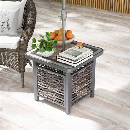 21.5 Inches Outdoor PE Rattan Side Table Square End Table with Umbrella Hole - Tampa Home & Garden Store