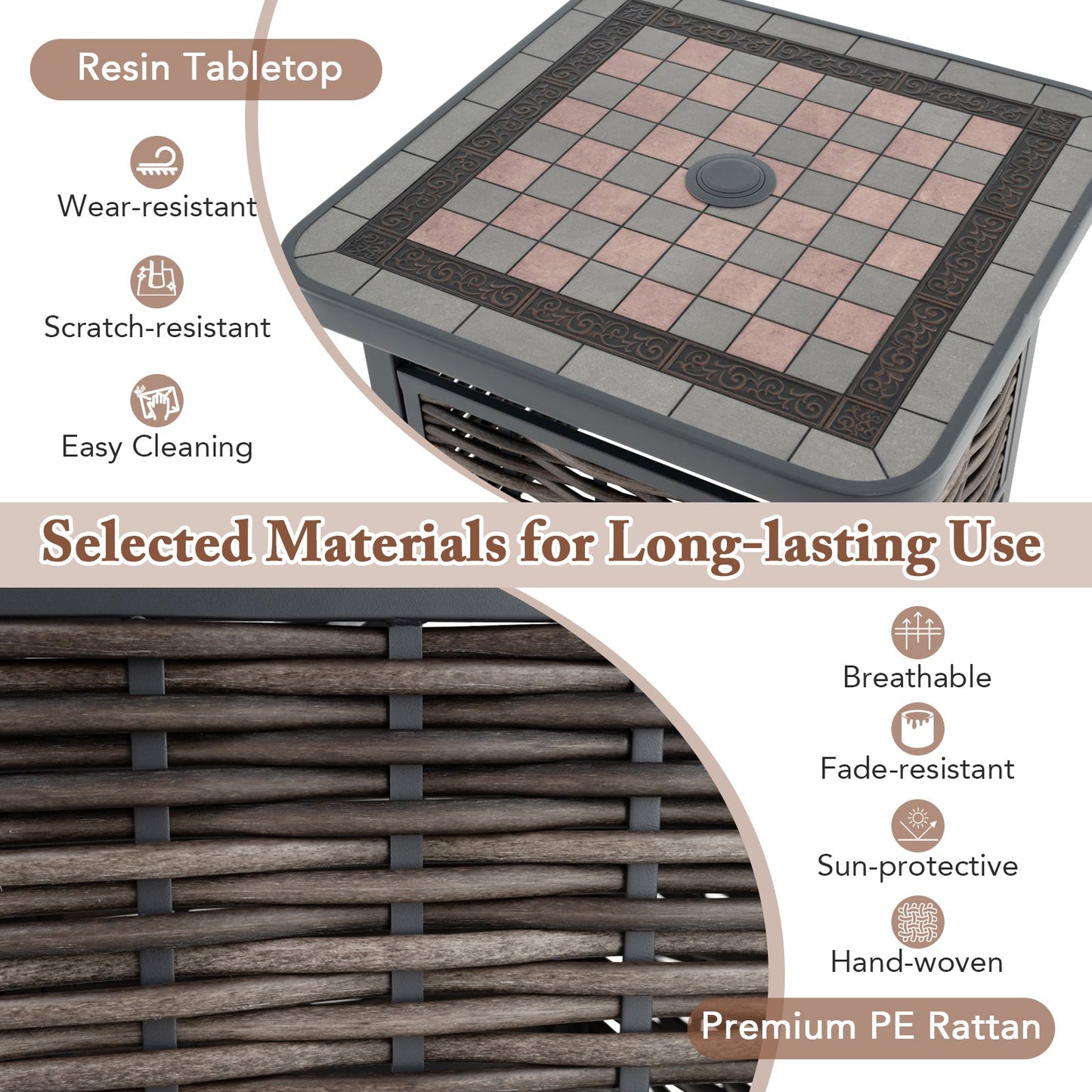 21.5 Inches Outdoor PE Rattan Side Table Square End Table with Umbrella Hole - Tampa Home & Garden Store