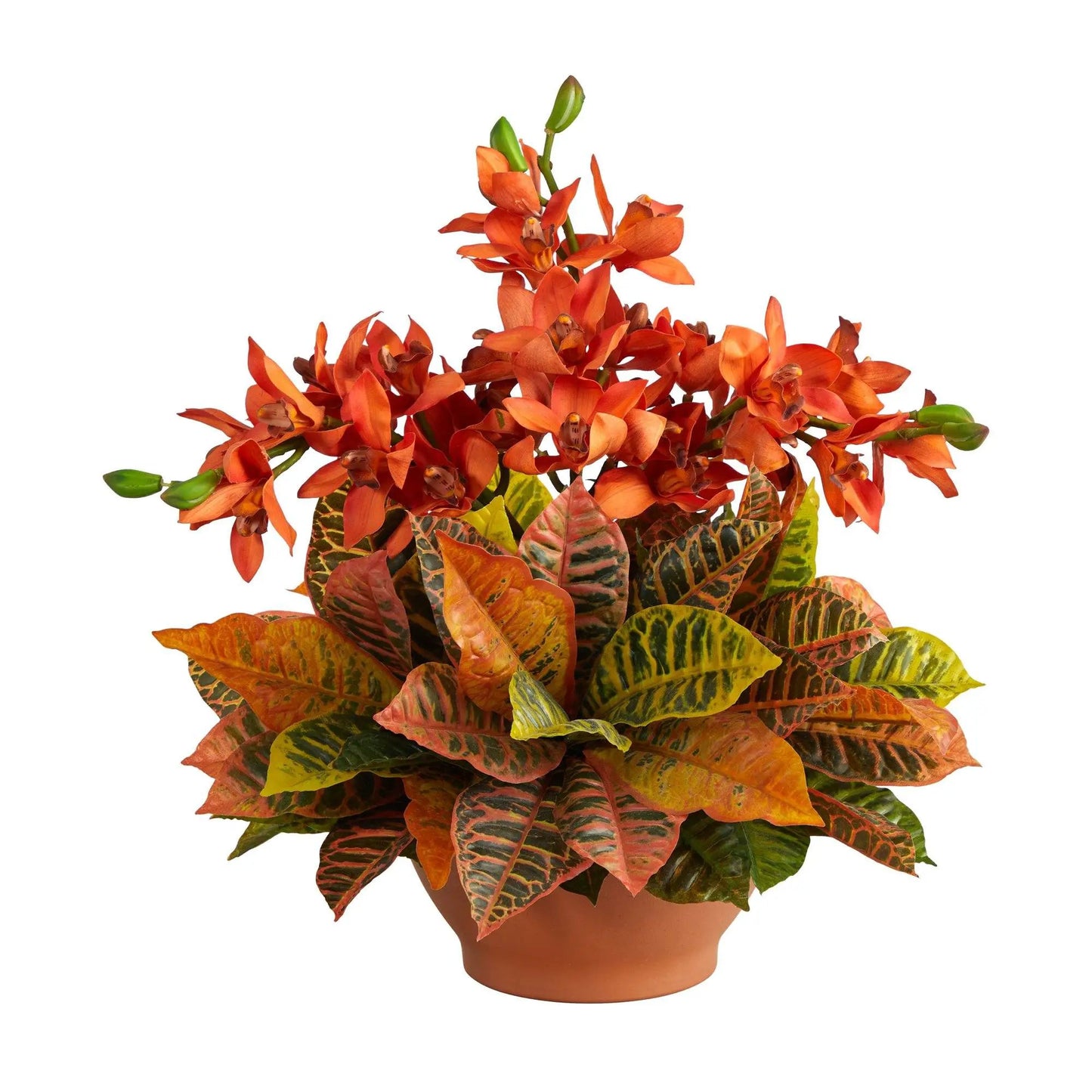 21” Cymbidium Orchid and Croton Artificial Arrangement in Terra Cotta Vase - Tampa Home & Garden Store