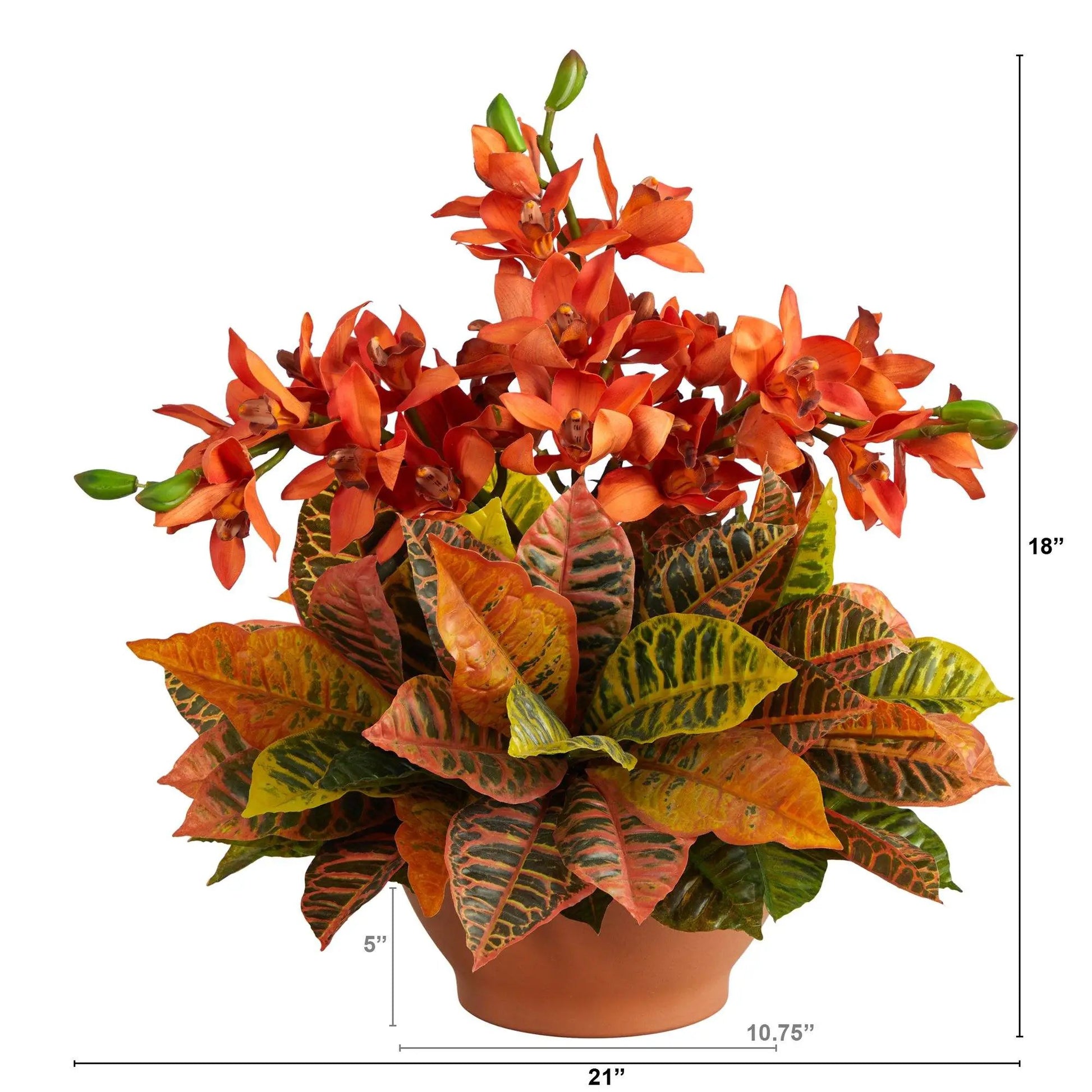 21” Cymbidium Orchid and Croton Artificial Arrangement in Terra Cotta Vase - Tampa Home & Garden Store