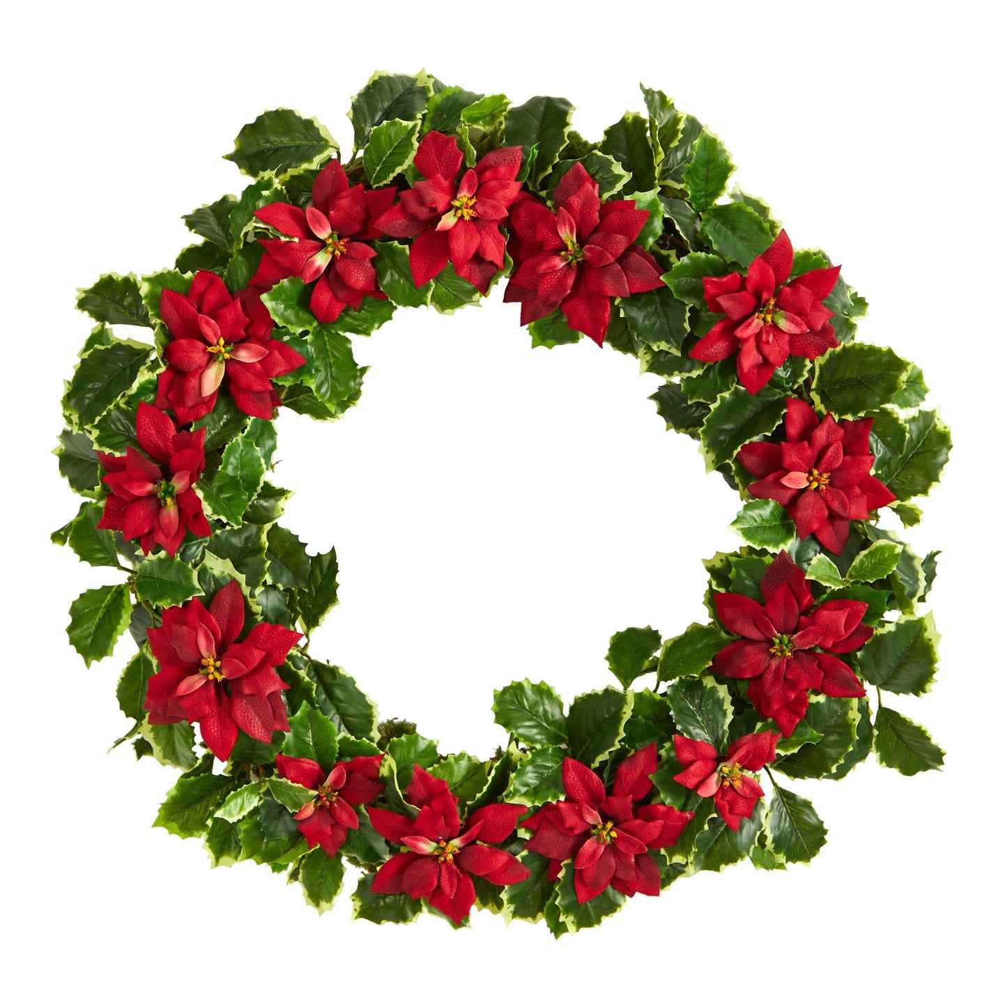 21” Poinsettia and Variegated Holly Artificial Christmas Wreath - Tampa Home & Garden Store