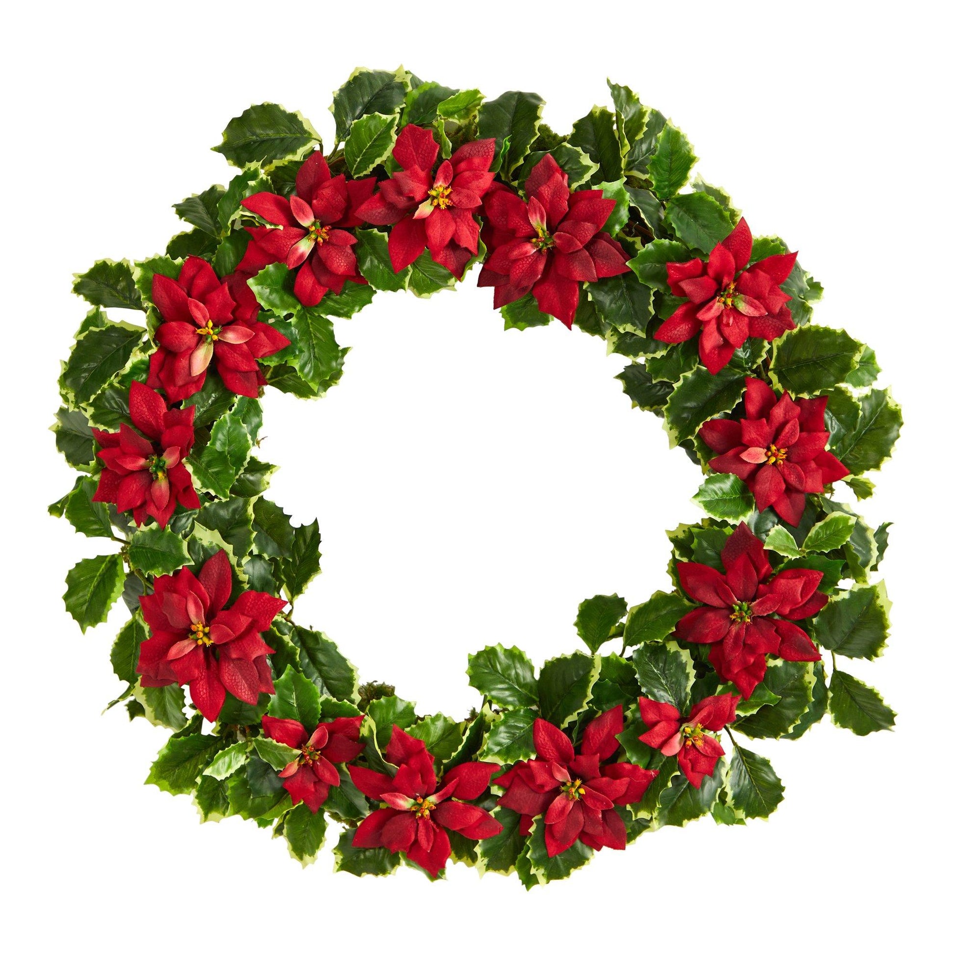 21” Poinsettia and Variegated Holly Artificial Christmas Wreath - Tampa Home & Garden Store