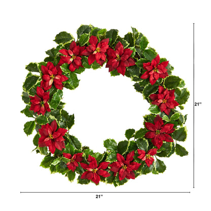 21” Poinsettia and Variegated Holly Artificial Christmas Wreath - Tampa Home & Garden Store