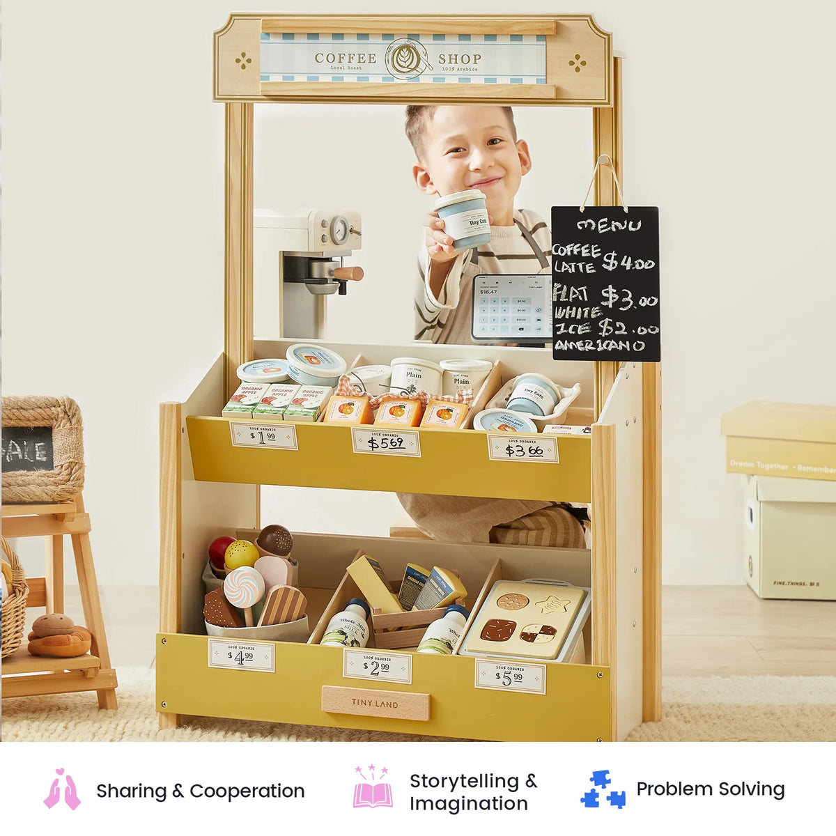 Tiny Land Kid's Grocery Store Playset by Tiny Land INC, yellow storefront with toy foods on Tampa Home & Garden Store