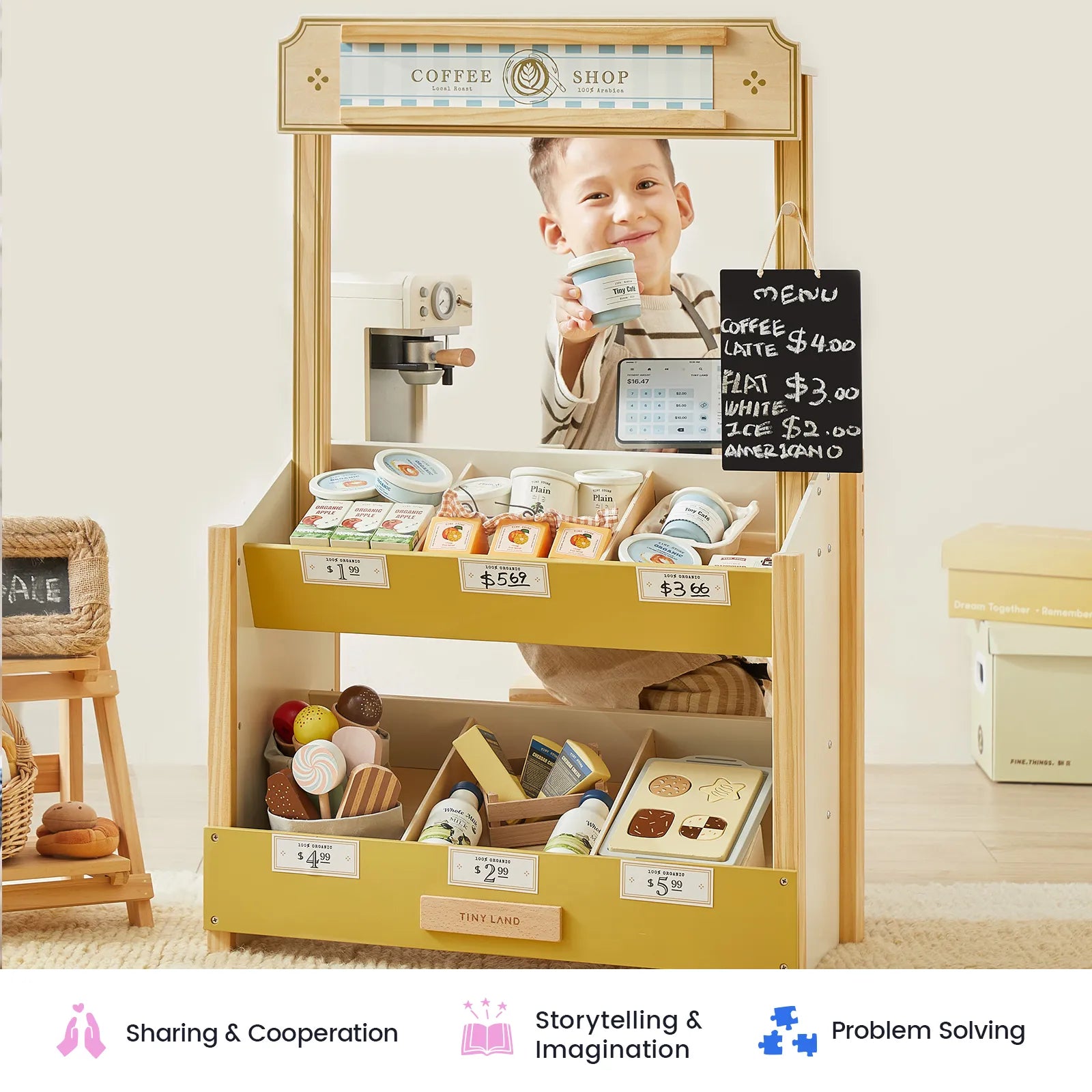 Tiny Land Kid's Grocery Store Playset by Tiny Land INC, yellow storefront with toy foods on Tampa Home & Garden Store