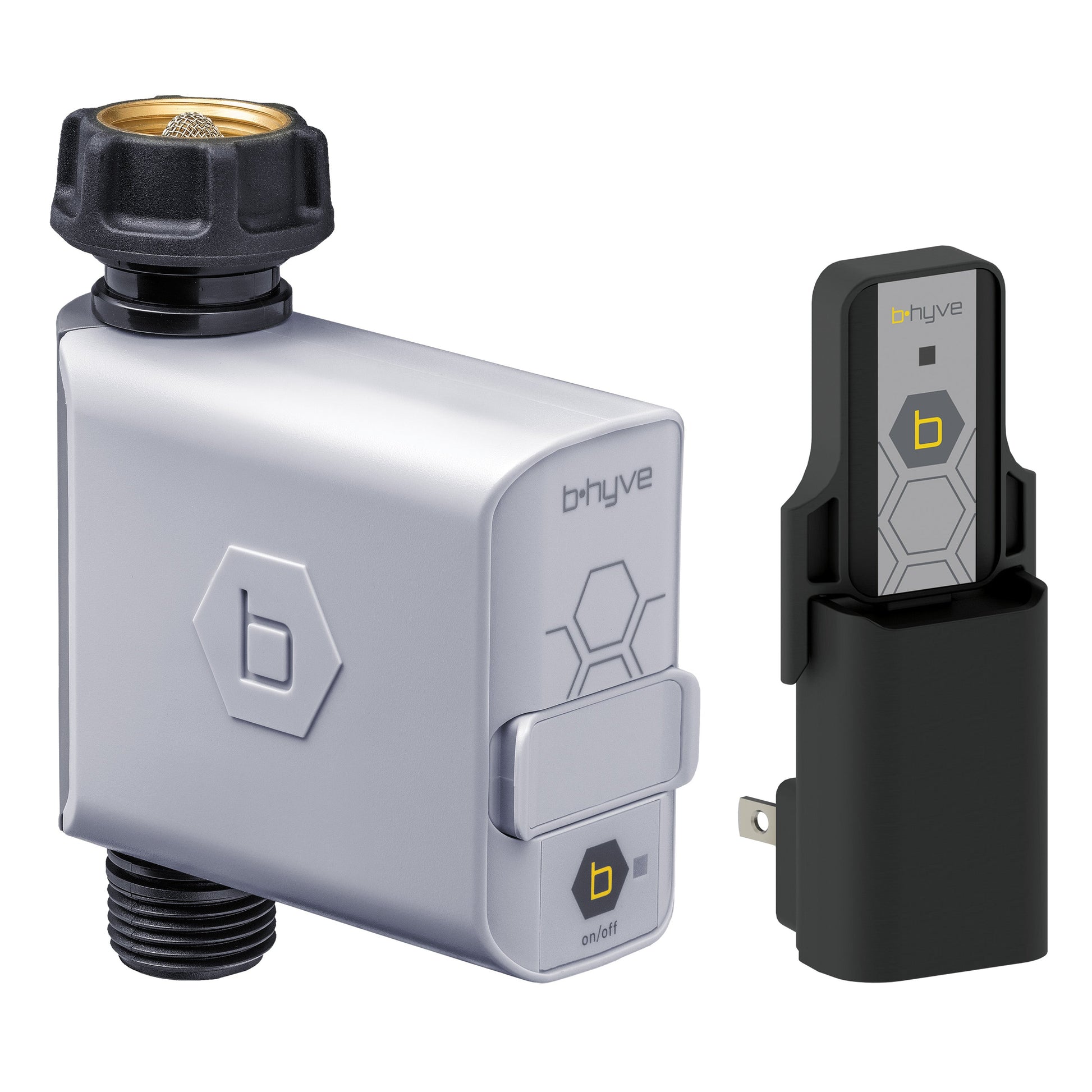 B-hyve Gen 1 Smart Hose Timer with Hub and remote controller, gray unit with brass hose connector Orbit Irrigation on Tampa Home & Garden Store