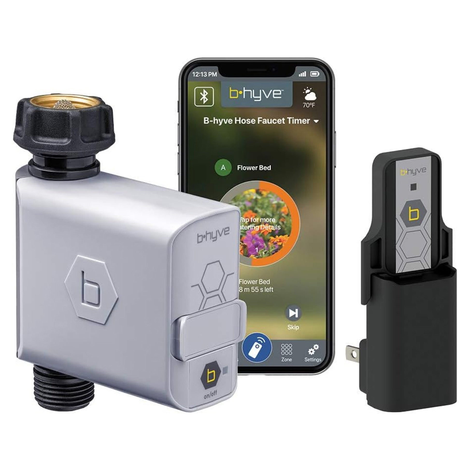 B-hyve Gen 1 Smart Hose Timer with Hub, gray timer and black hub, Orbit Irrigation app view on Tampa Home & Garden Store