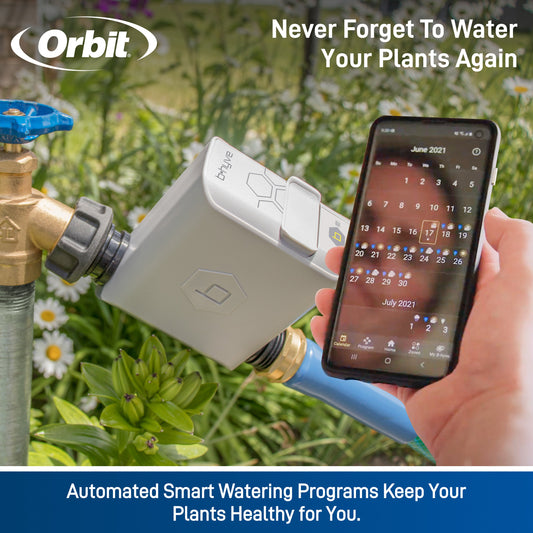 Orbit B-hyve Gen 1 Smart Hose Timer with Hub 21004 on faucet, smartphone shows calendar app on Tampa Home & Garden Store