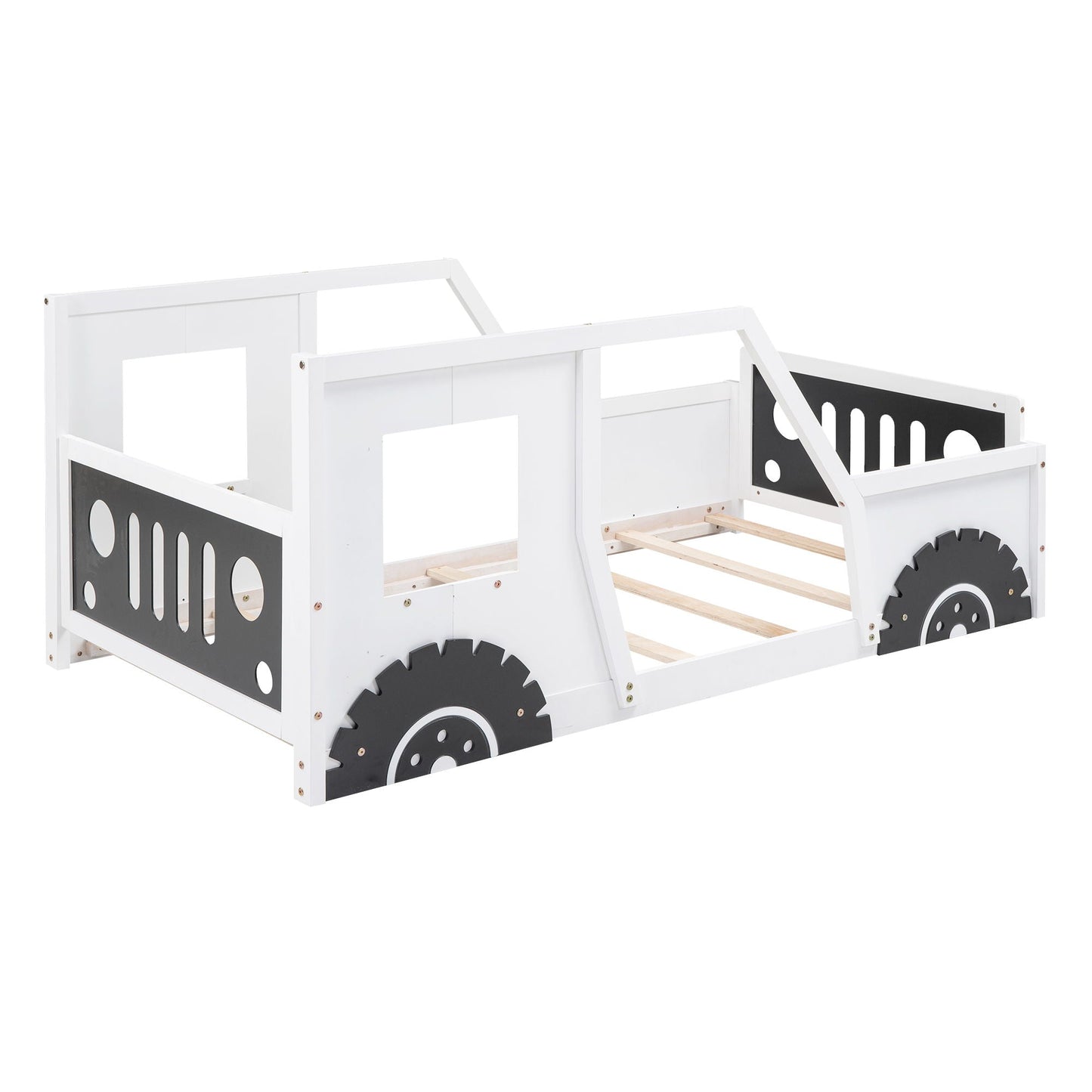Classic car shaped platform bed with wheels, white wood frame and black panel accents on Tampa Home & Garden Store