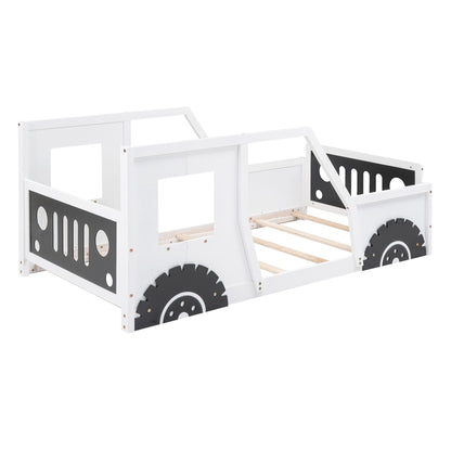 Classic car shaped platform bed with wheels, white wood frame and black panel accents on Tampa Home & Garden Store