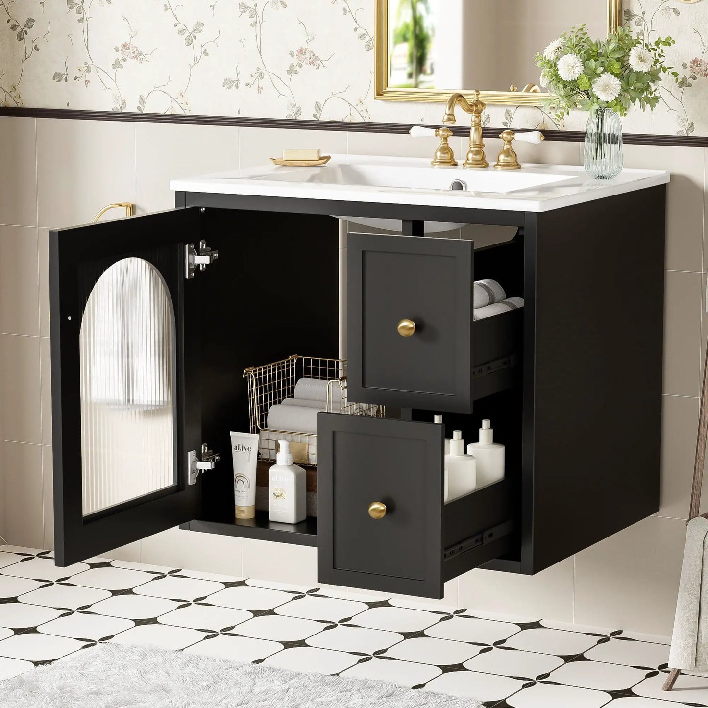 Wall-Mounted vanity with sink, black cabinet, dual drawers, soft-close door on Tampa Home & Garden Store
