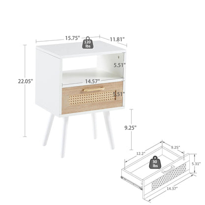 Rattan end table with drawer and white finish, solid wood legs by Unique Piece Furniture on Tampa Home & Garden Store