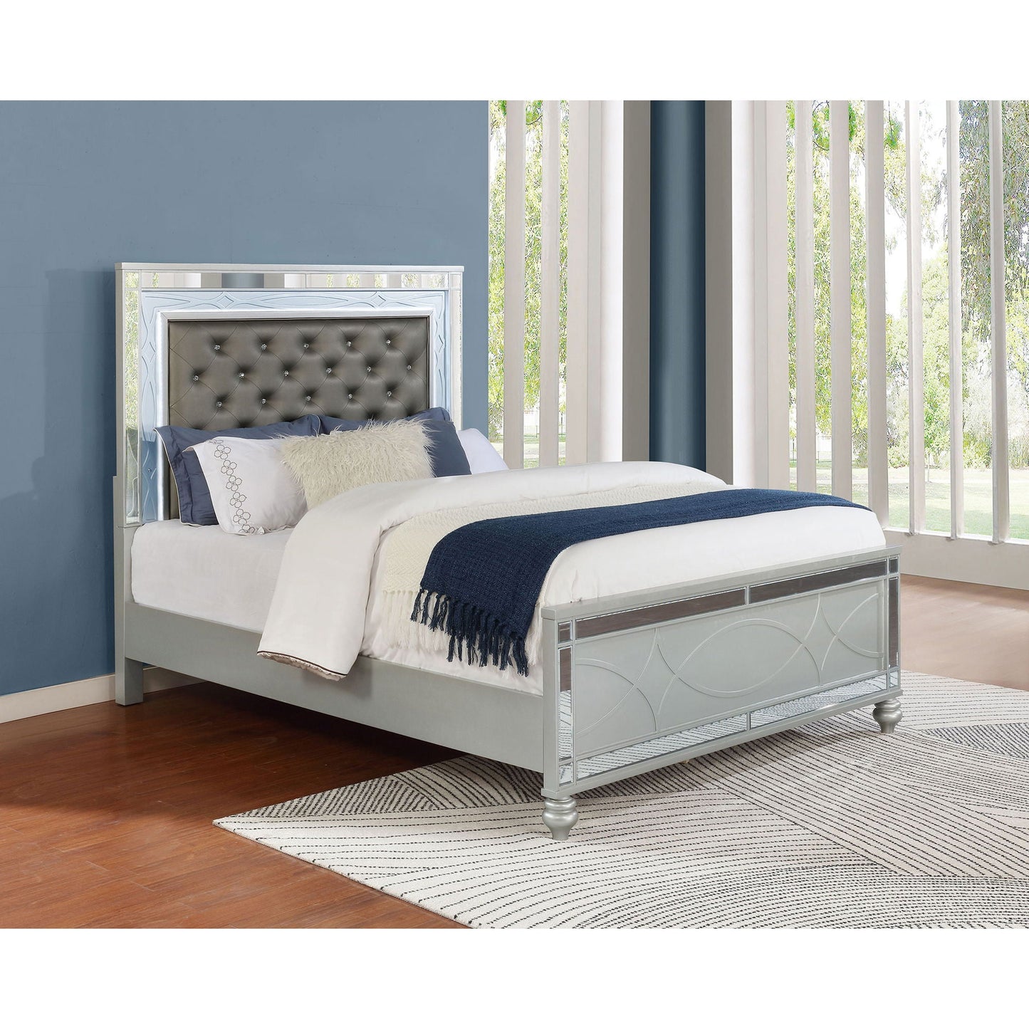 Karmen Panel Bed by HouseOfZazla with tufted gray headboard and mirrored silver frame on Tampa Home & Garden Store