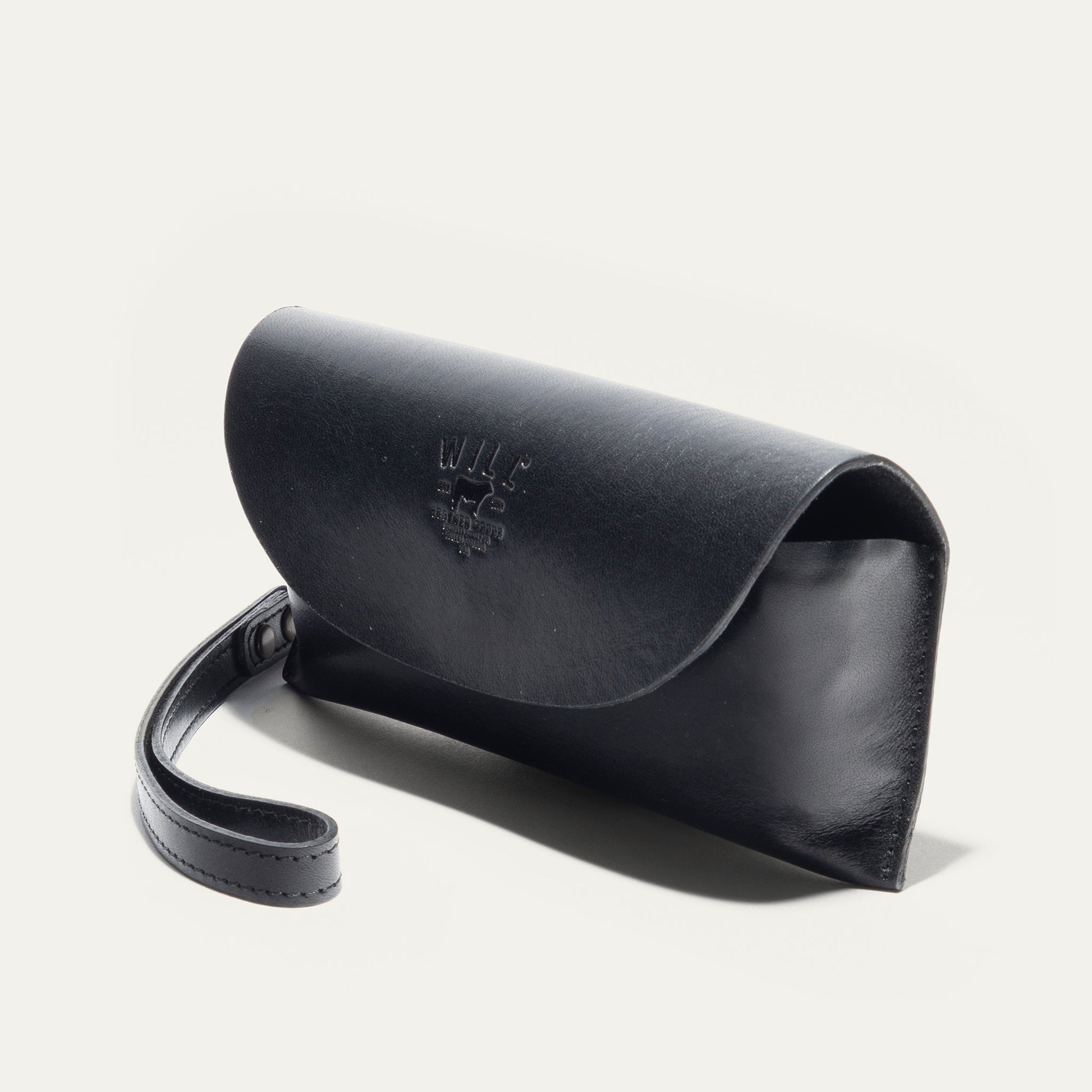 Eyeglass case Will Leather Goods in black leather with embossed logo on Tampa Home & Garden Store