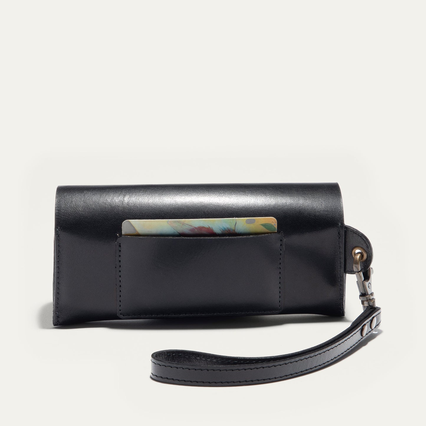 Will Leather Goods eyeglass case in black leather with front card slot and brass hardware on Tampa Home & Garden Store