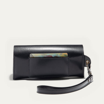 Will Leather Goods eyeglass case in black leather with front card slot and brass hardware on Tampa Home & Garden Store