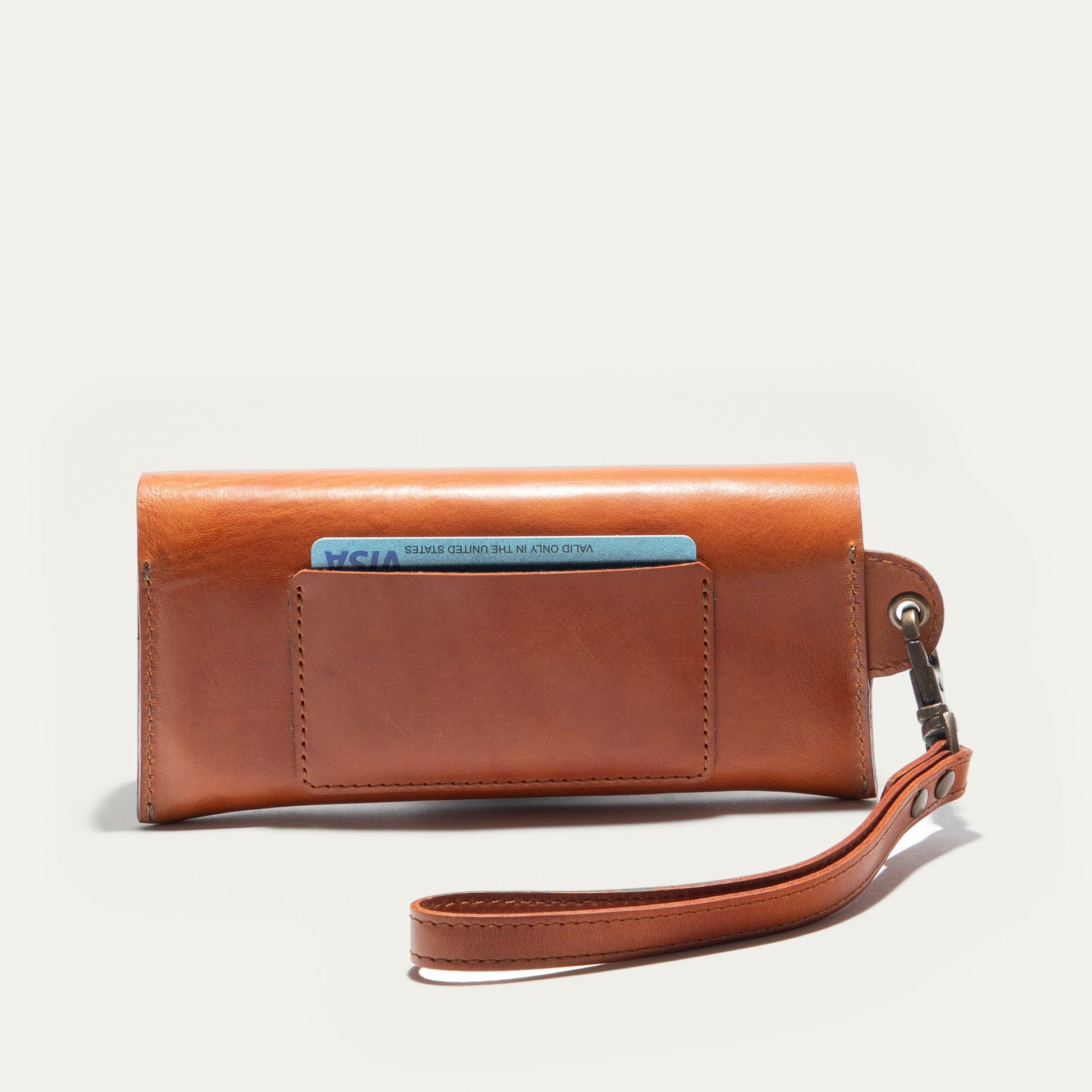 Will Leather Goods brown leather eyeglass case with back card slot and detachable strap on Tampa Home & Garden Store