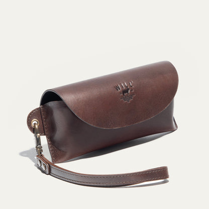 Will Leather Goods eyeglass case in brown leather with embossed logo and strap on Tampa Home & Garden Store