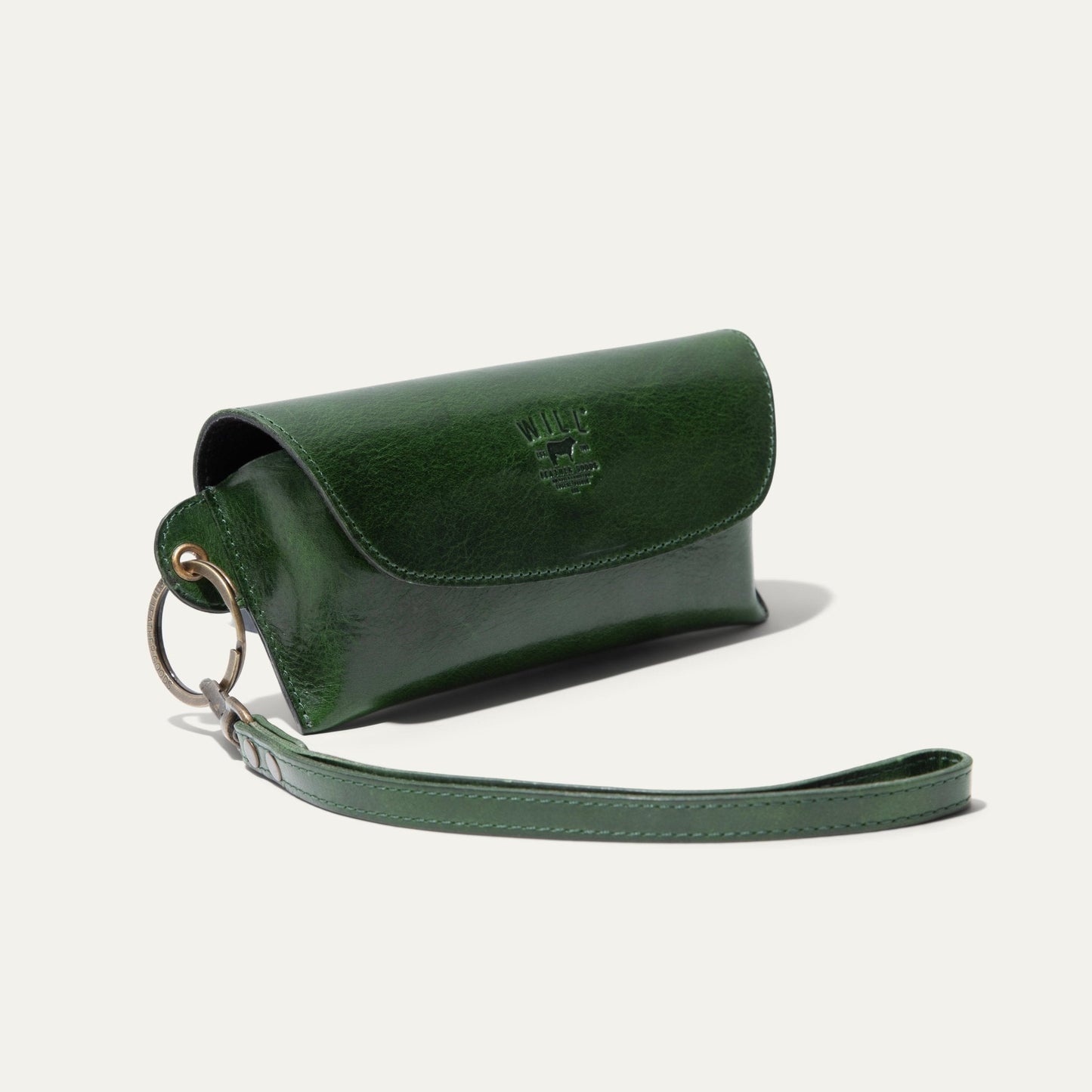 Will Leather Goods green leather eyeglass case with embossed logo and metal key ring strap on Tampa Home & Garden Store