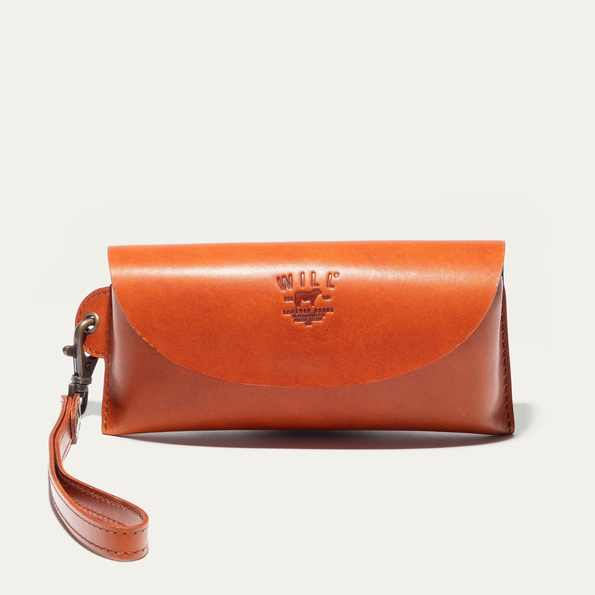 The Eyeglass Case orange leather by Will Leather Goods embossed logo on Tampa Home & Garden Store