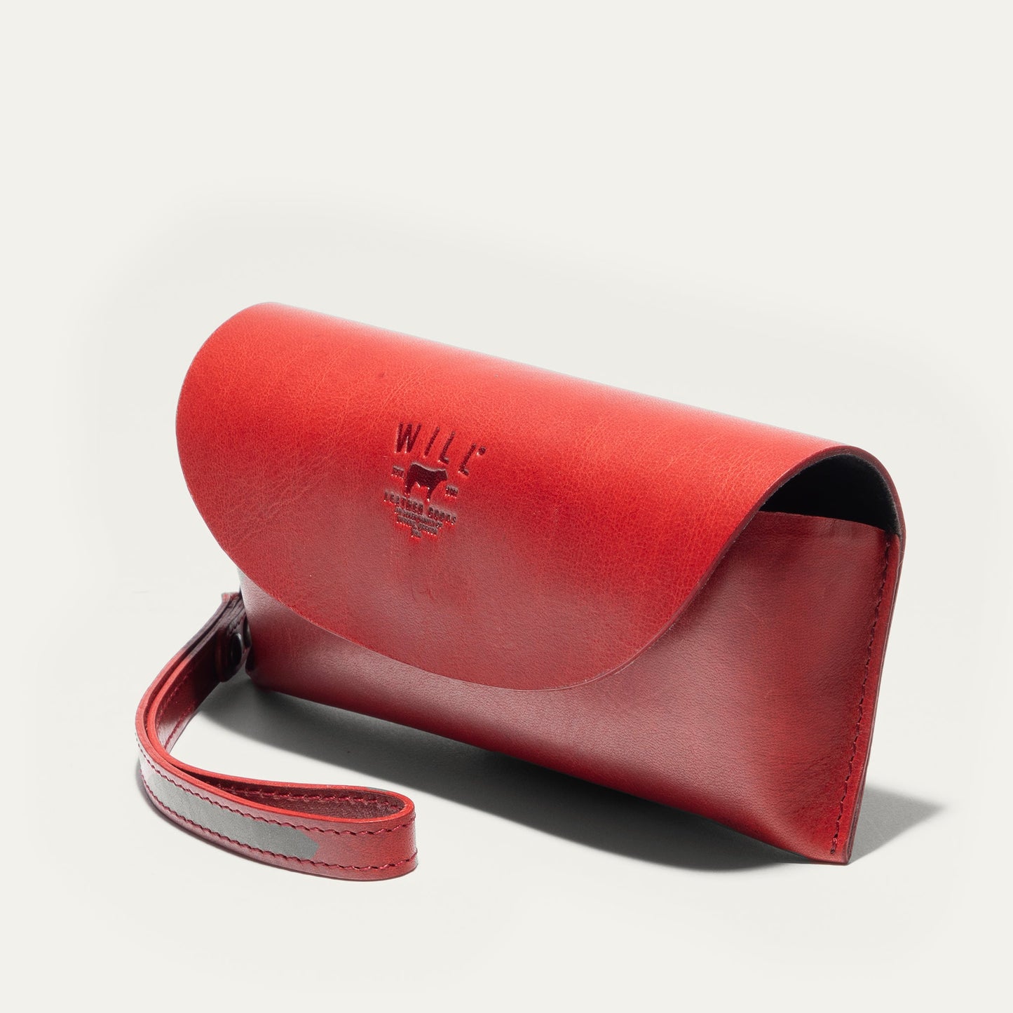 Will Leather Goods eyeglass case textured red leather with strap on Tampa Home & Garden Store