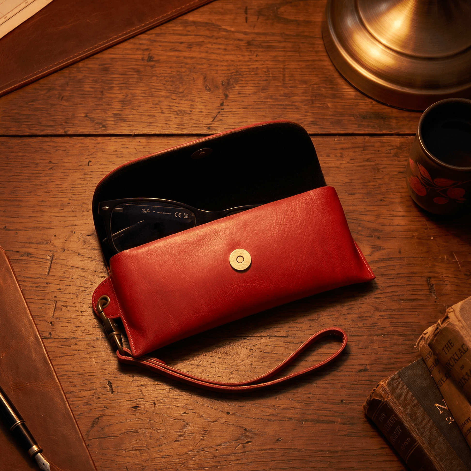 Eyeglass case in red leather with brass snap by Will Leather Goods, sunglasses inside on desk on Tampa Home & Garden Store