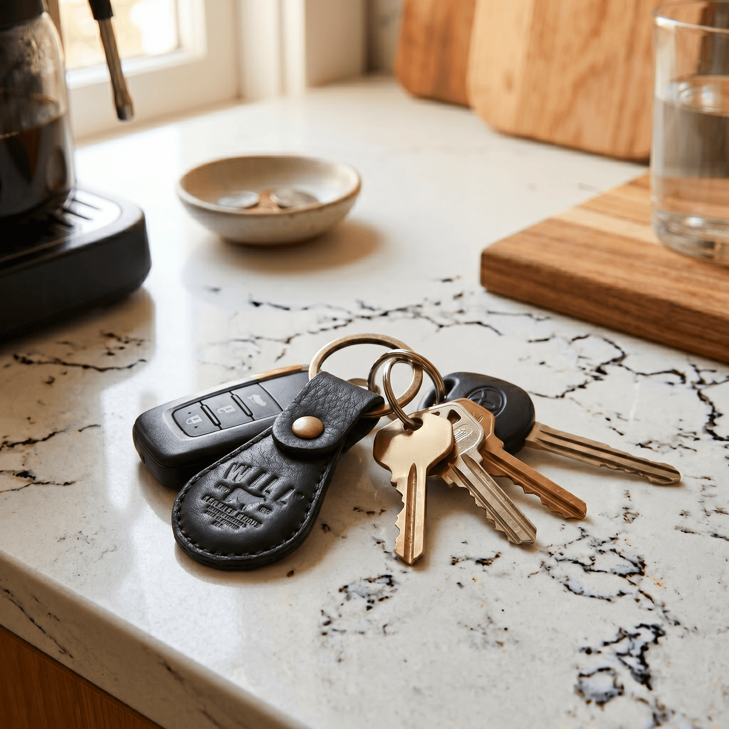 Logo Keychain by Will Leather Goods on black leather key fob with brass rings on Tampa Home & Garden Store