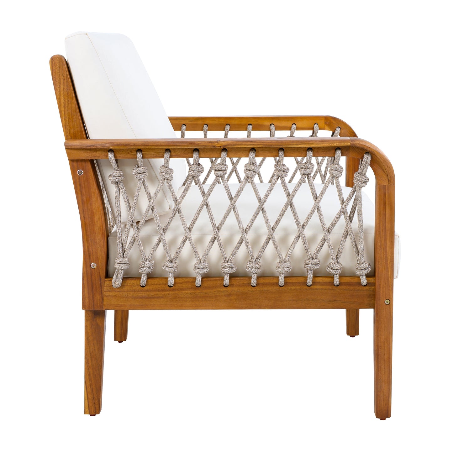Outdoor Acacia Wood Club Chair with handwoven rope and white cushions, teak finish on Tampa Home & Garden Store