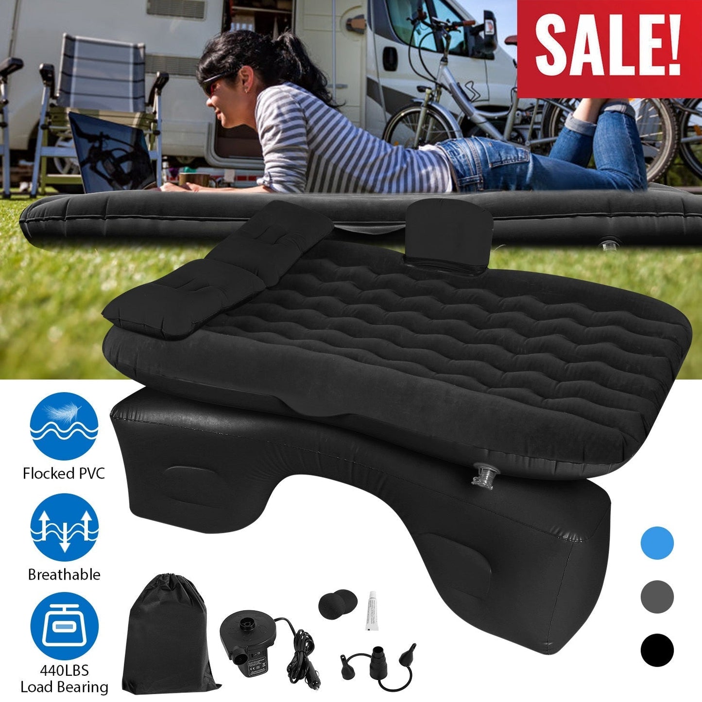 GemGear car air mattress bed inflatable black camping travel sleep mat with built-in headrest on Tampa Home & Garden Store