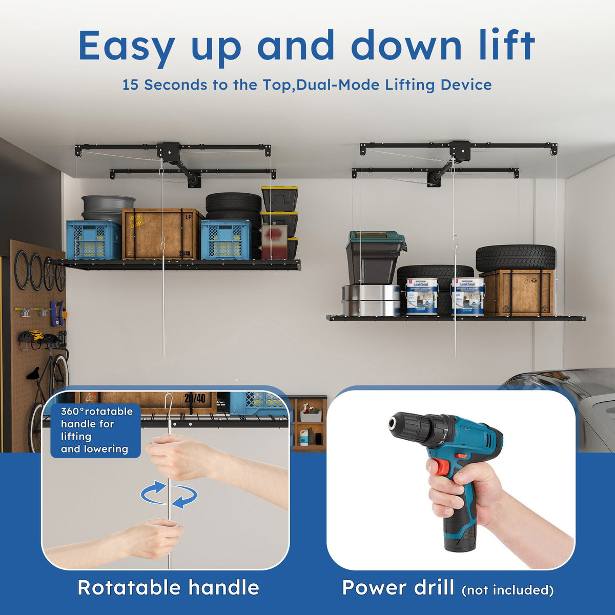 Two overhead garage racks with crank lift, black ceiling dual-rail system storing tires and bins on Tampa Home & Garden Store
