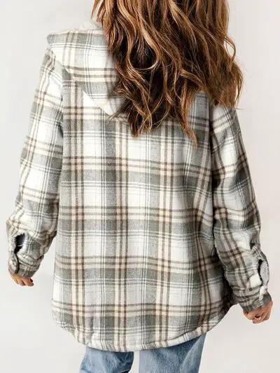 Plaid Snap Down Plush Hooded Jacket Women Warm
