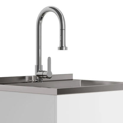Metro laundry faucet with gooseneck chrome arch over stainless steel sink in a modern vanity on Tampa Home & Garden Store
