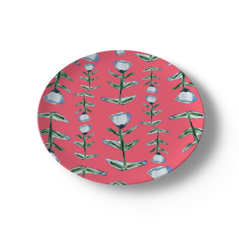 Pink Tulip Bone China Plate by Erin Donahue Tice, pink background with watercolor tulip stems on Tampa Home & Garden Store