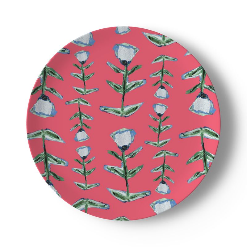 Pink Tulip Bone China Plate by Erin Donahue Tice with blue-green stemmed tulips on pink background on Tampa Home & Garden Store