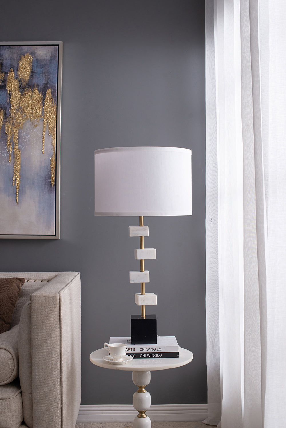 D15x30 table lamp with white marble blocks and brass frame by HouseOfZazla on Tampa Home & Garden Store