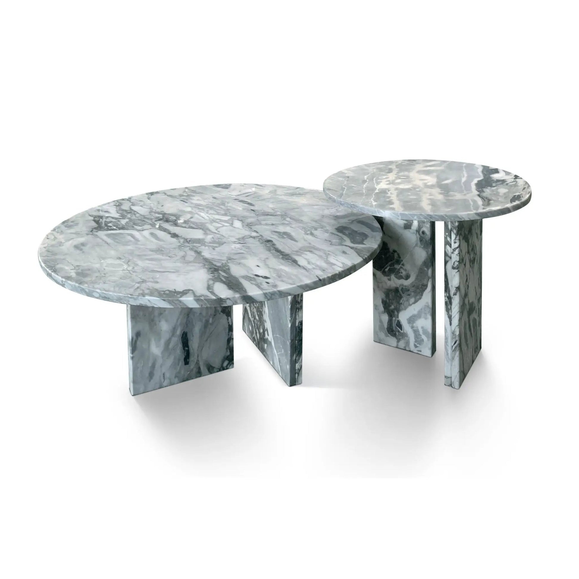 Elegant Coffee Duo Table Set with round gray marble tops and marble block bases on Tampa Home & Garden Store