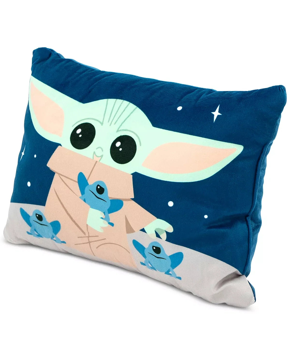Grogu decorative pillow with Baby Yoda on deep blue space backdrop and small frogs on Tampa Home & Garden Store